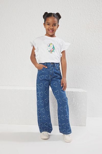 ASL GOLF CLUB COPIE - Pantaloni de blugi cu picioare largi, 100% bumbac, cu model de inimă, pentru fete, denim 3-14 ANI