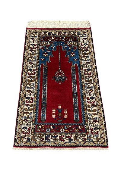 BURAK HALI سجادة صلاة منسوجة يدويًا من Zero Yehial 80x130 باللون الأحمر والأز...