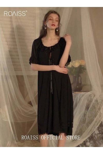 ROAISS 2 Piece Set Night Skirt Solid Women's Lace Pajamas with Pad V-Neck Sling Mesh Sweet Court Retro Nigh