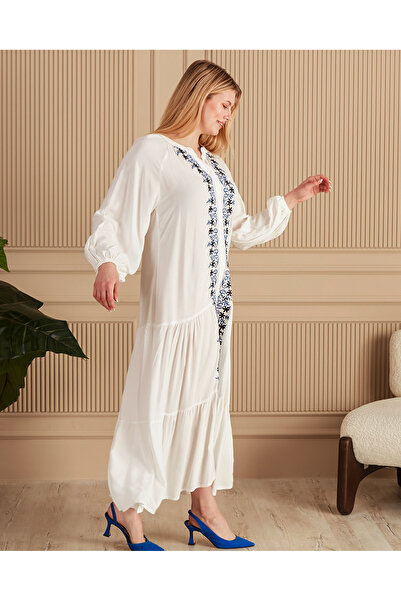 EL jadida Γυναικείο Κεντημένο Κουμπωτό Μακρύ Φόρεμα Βισκόζης Plus Size Λευκό Σακάκι