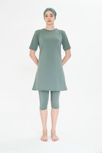Fantasy Short Sleeve Lycra Semi-Closed Hijab Swimsuit Green 3484-Y