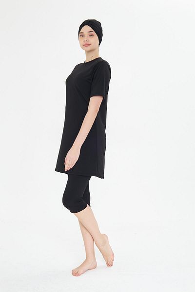 Fantasy Short Sleeve Lycra Semi-Covered Hijab Swimsuit Black 3484-S