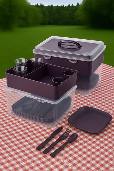 decorev 33 Piece Picnic Set with Organizer and Transport Box for 6 People in Purple Color