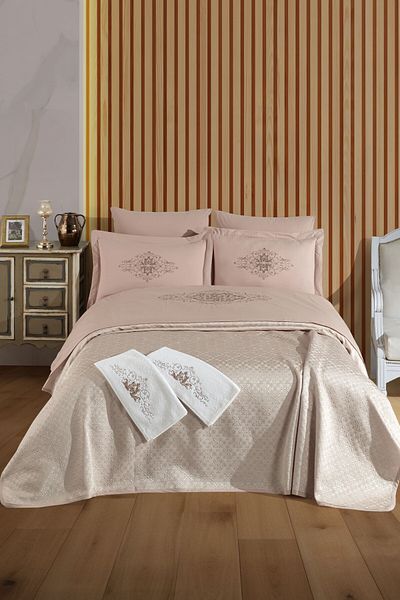 Sevim Tivoli 8 Piece Marriage Set Pique Set Towel-Embroidered Double Bride Set-Diana-Cappuccino