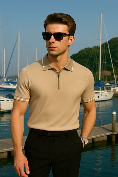 Pobudo Beige Color Zipper Detailed Polo Neck Men's Knitwear T-Shirt