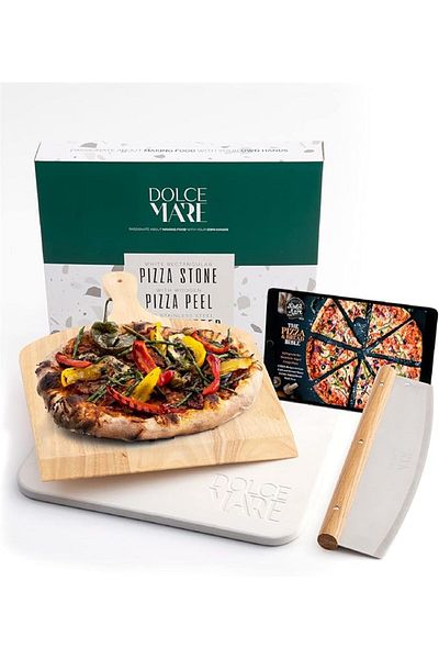 Dolce Mare Set piatră de copt, lopată de lemn și cuțit de pizza, DOLCE MARE, 38 cm x 30 cm x 1,5 cm, alb