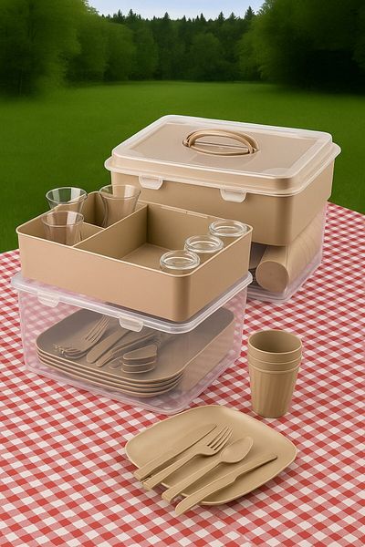 decorev 33 Piece Picnic Set for 6 People with Beige Color Organizer and Transport Box