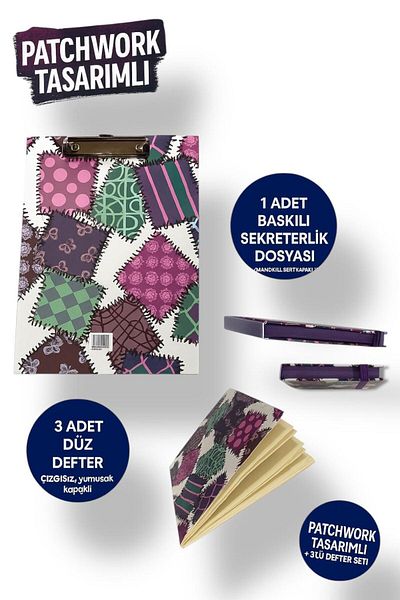 madam gold 🧵   Patchwork Designed Secretary + 3-Piece Notebook Set Colorful
