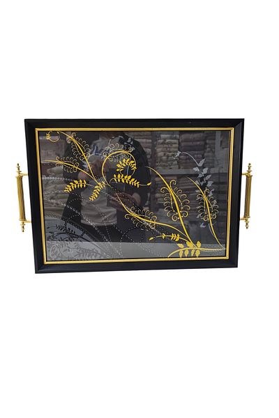 KÜBRAHOME'S Black Large Pattern Presentation Tea Coffee Tray with Glass