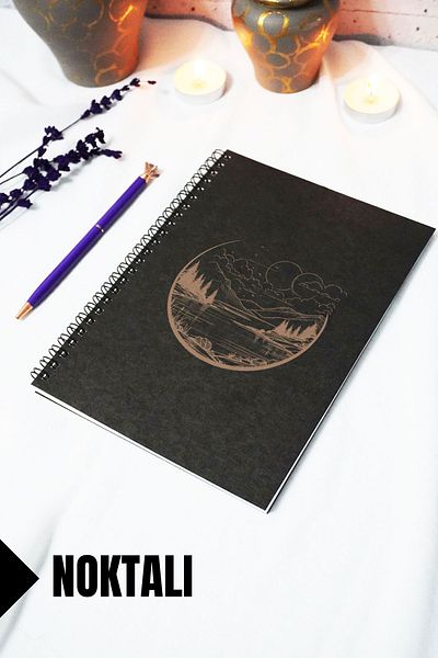 markcat A5 Landscape Themed Black Kraft Cover Notebook - Dotted Notebook - 60 Sheets (120 Pages) 15X21 cm