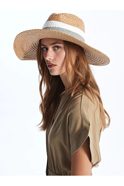 LC Waikiki LCW AKSESUARI Ženski slamnati fedora šešir sa bež prugama