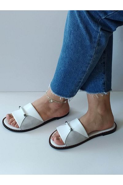ERS Air Comfort Women's White Genuine Leather Front Buckle Flat Daily Stylish Slippers