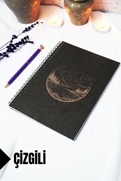 markcat A5 Landscape Themed Black Kraft Cover Notebook - Lined Notebook - 60 Sheets (120 Pages) 15X21 cm