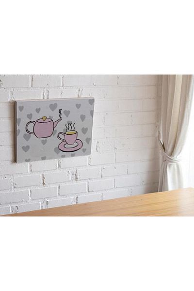 Decoratiuni Vintage Casa Retro Hand-painted kitchen painting, on wood, Teapot and cup, white with pink, 20 x 25 cm