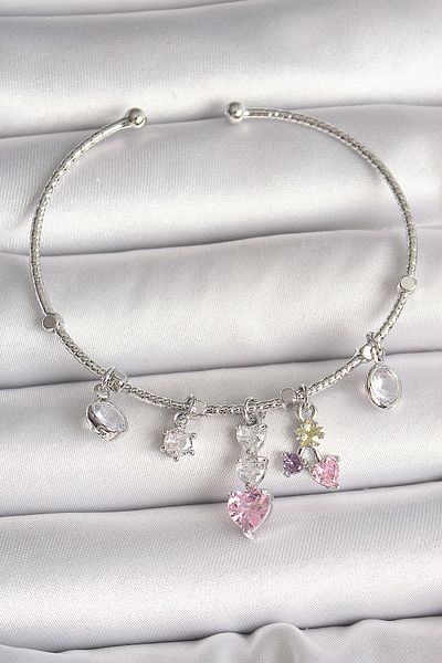 NEZADE STORE Brass Silver Color Dangle Zircon Stone Heart Figure Charm Women's Bracelet