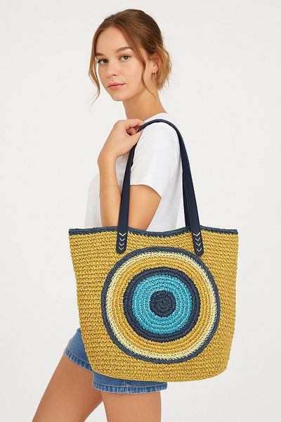 MATRICA Geantă de paie lucrată manual cu model de mărgele Evil Eye