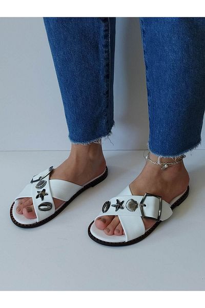 ERS Air Comfort Women's White Genuine Leather Cross Wefted Seashell Buckle Flat Daily Stylish Slippers