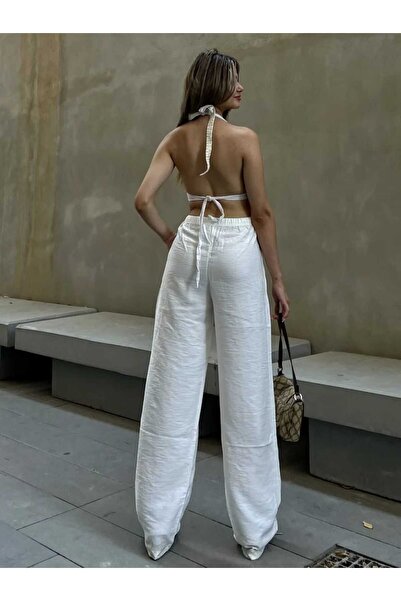 mor butik Purple Boutique Women's White Linen Mix Baggy Cut Trousers Bk2303