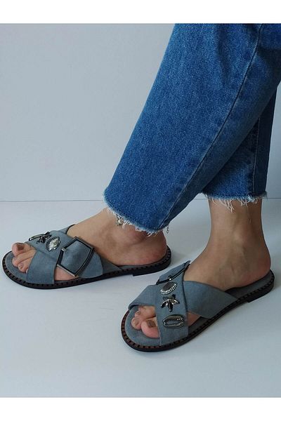 ERS Air Comfort Women's Denim Blue Suede Genuine Leather Crossed Scarf Seashell Buckle Flat Daily Stylish Slippers
