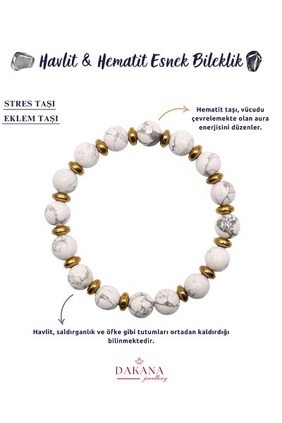 DAKANA JEWELLERY Certified 8 mm Howlite and Yellow Hematite Natural Stone Bracelet