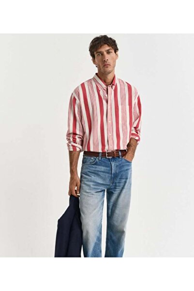 Gant Erkek Kırmızı Relaxed Fit Düğmeli Yaka Çizgili Gömlek