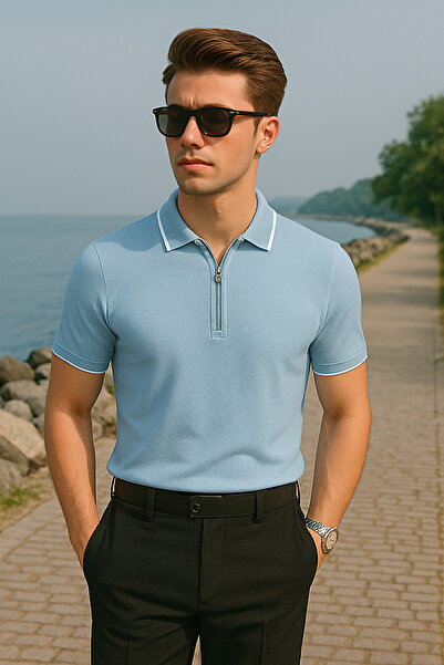 Pobudo Light Blue Color Zipper Detailed Polo Neck Men's Knitwear T-Shirt