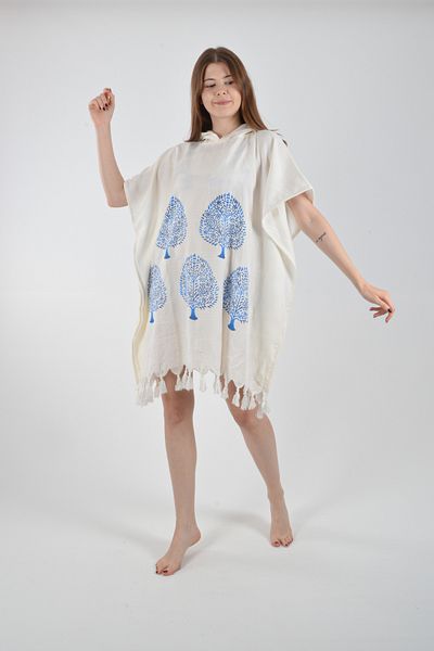 REİNA TEKS Viscon Hooded Ethnic Blue Tree Pattern Poncho 1 Piece Pareo