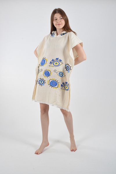 REİNA TEKS Poncho Muslin Cotton Evil Eye Beaded Eye Pattern Beach Wear Wrinkle Water Absorbent High Unisex