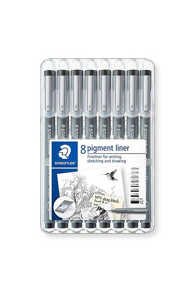 Staedtler Set of 8 Staedtler black pigment liners, sizes between 0.05-2 mm