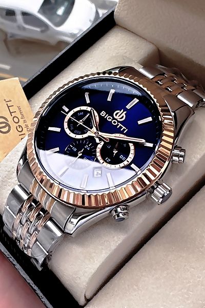 Bigotti Special Boxed 5 Atm Waterproof Men Wristwatch Rose Silver Steel Band + Gift Bracelet Bme2028C2