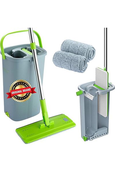 Easy Gleam Mop and Bucket Set, Flat Mop, Stainless Steel Handle, Two-Chamber Bucket Wet and Dry Use, 1 Spare