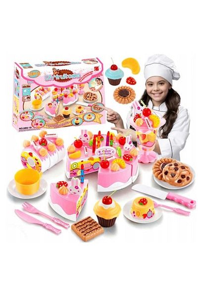indiggo Complete play set, BIRTHDAY CAKE with slices and pastries, 75 pieces, velcro connected, pink