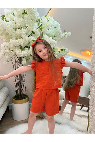 GÖKJOY BUTİK Orange Color Hair Band Included Shorts Summer 3-Piece Set