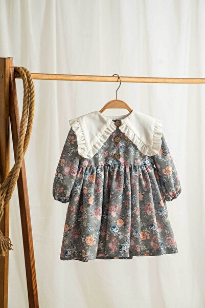 Mini Chics Çiçekli Beyaz Yakalı Uzun Kol Kız Çocuk Elbise