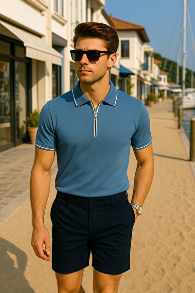 Pobudo Mavi Renk Fermuar Detaylı Polo Yaka Erkek Triko Tişört