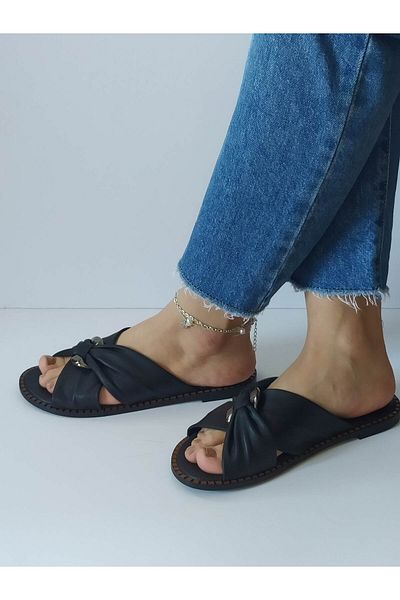 ERS Air Comfort Women's Black Genuine Leather Cross Weft Buckle Flat Daily Stylish Slippers