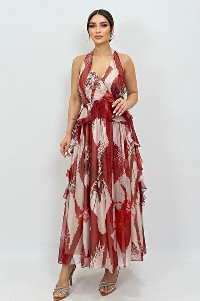 FEVER Desenli fırfır detaylı maxi elbise