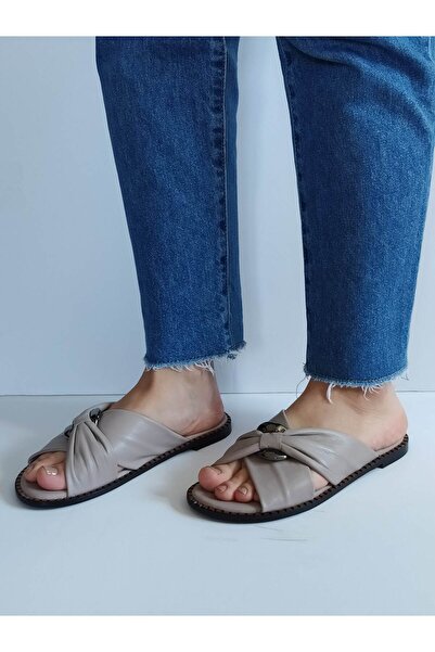 ERS Air Comfort Women's Mink Genuine Leather Cross Weft Buckle Flat Daily Stylish Slippers