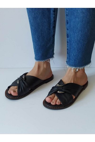 ERS Air Comfort Women's Black Genuine Leather Cross Weft Buckle Flat Daily Stylish Slippers