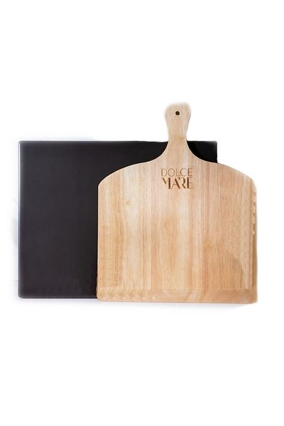 Dolce Mare Set de pizza, lopată de lemn 29,5 x 28 cm, piatră de copt 38 x 30 cm neagră, DOLCE MARE