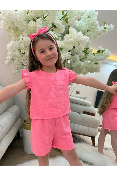 GÖKJOY BUTİK Leon Pink Hair Band Included Shorts Summer 3-Piece Set