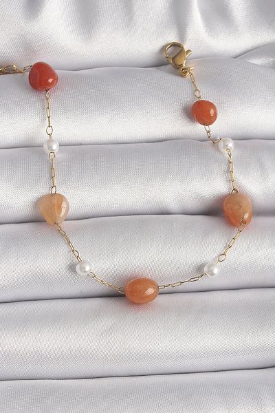 NEZADE STORE 316L Steel Gold Color Chain Orange Natural Stone Model Pearl Detail Women's Bracelet