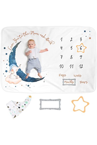 Luka & Lilly Pătură pufoasă Milestone, pentru zile de naștere ale bebelușilor, 100x150 cm, catifelată, bavetă, temă Luna Elefantului