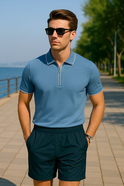 Pobudo Blue Color Zipper Detailed Polo Neck Men's Knitwear T-Shirt