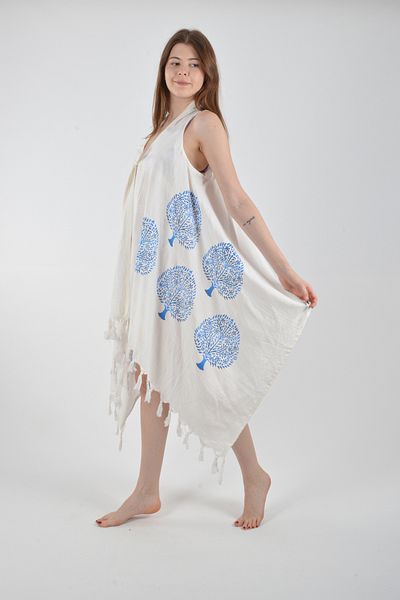 REİNA TEKS Asymmetrical Viscon Bell Vest Ethnic Blue Tree Pattern Cotton Beach Clothing 1 Piece Pareo Beachwear