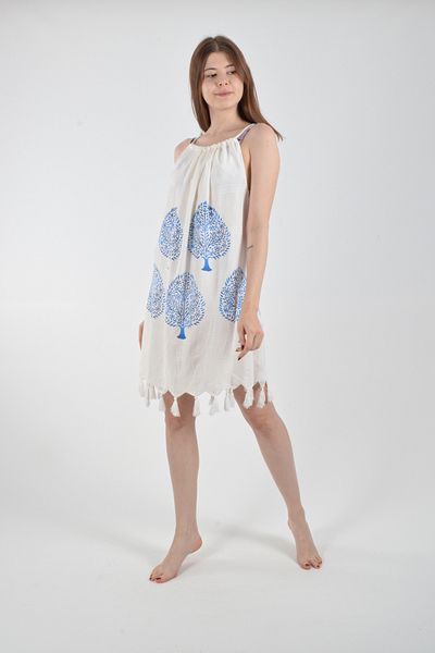 REİNA TEKS Beachwear Peshtemal Ethnic Blue Tree Patterned Cotton Viscon Lacing Detailed Beach Dress 1Pcs Pareo