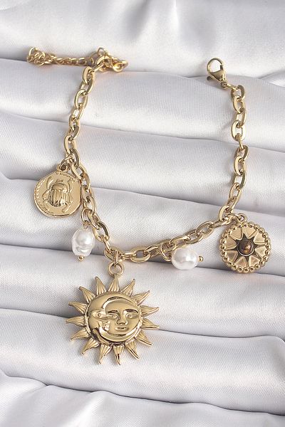 NEZADE STORE 316L Steel Gold Color Moon Sun Model Pearl Detail Women's Bracelet