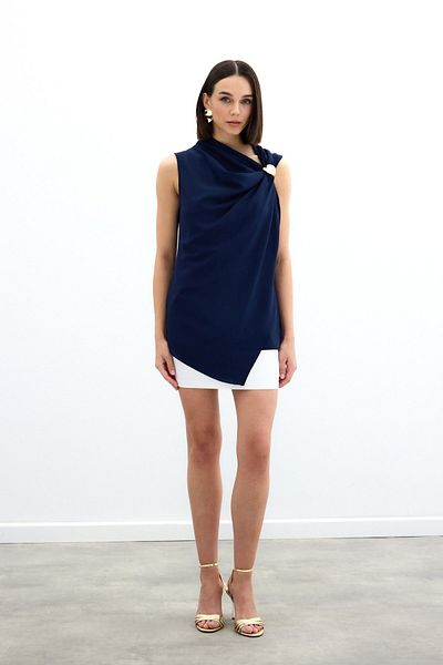 Sateen One Shoulder Accessory Blouse - Navy Blue