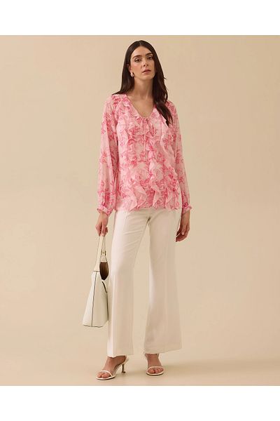 SEÇİL Floral Patterned Ruffle Detailed Chiffon Blouse