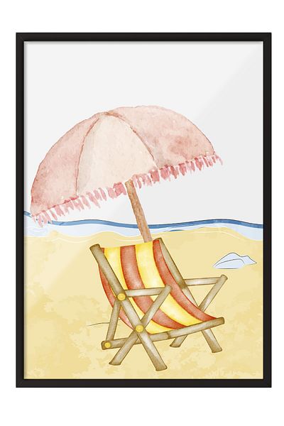 Postifull Black Framed Painting, Umbrella, Chair, Beach, Watercolor, Pastel Tones, Beige Color Poster, Summer 2025